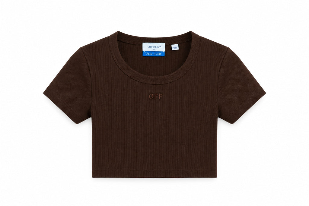 OFF WHITE RIBBED OFF CROP T-SHIRT BROWN