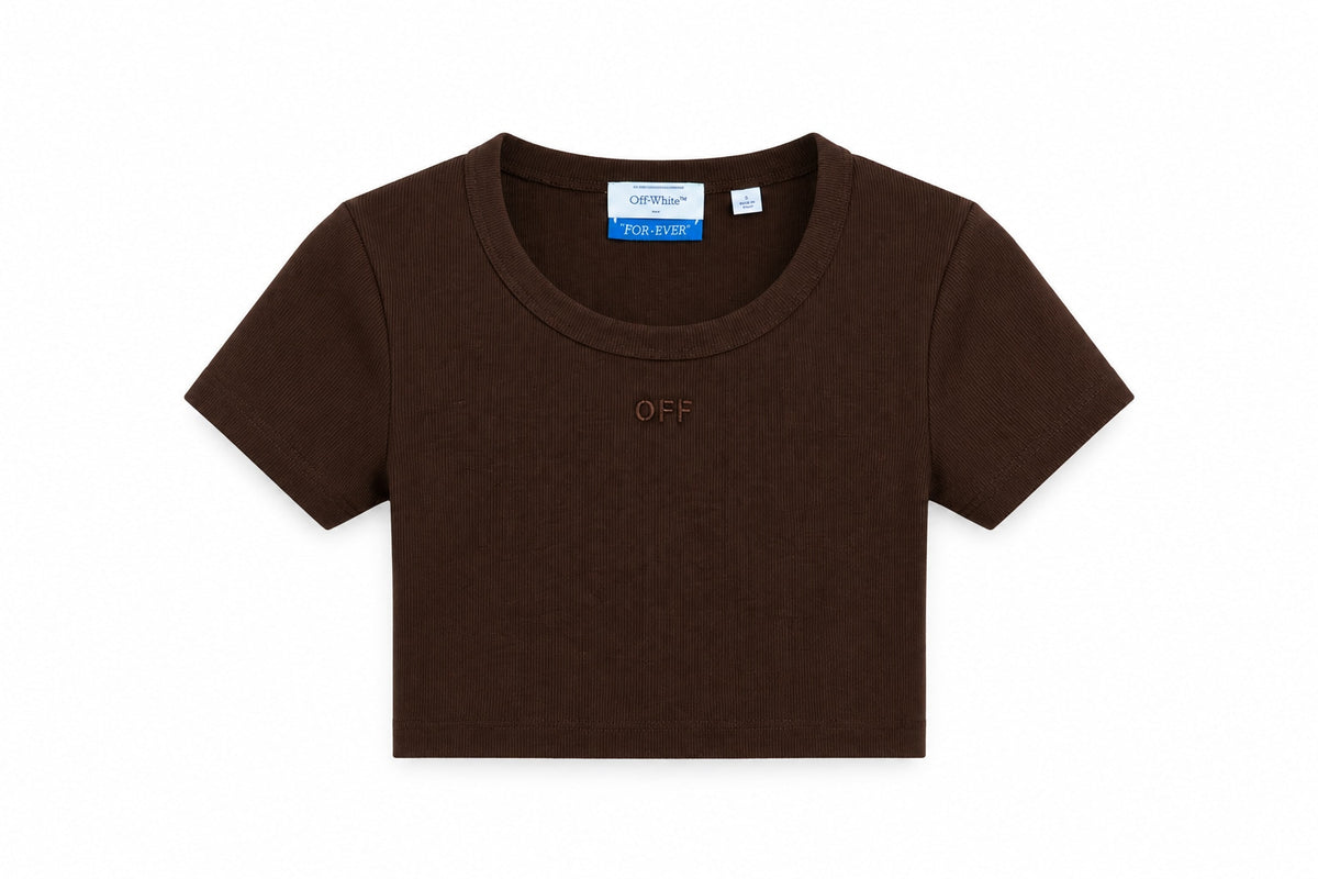 OFF WHITE RIBBED OFF CROP T-SHIRT BROWN