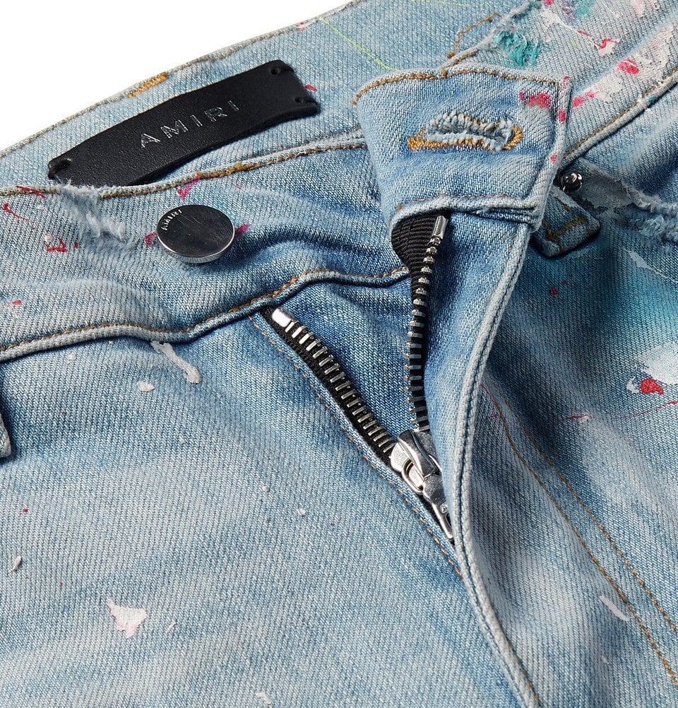 AMIRI INDIGO DISTRESSED PAIN SPLATTERED JEANS