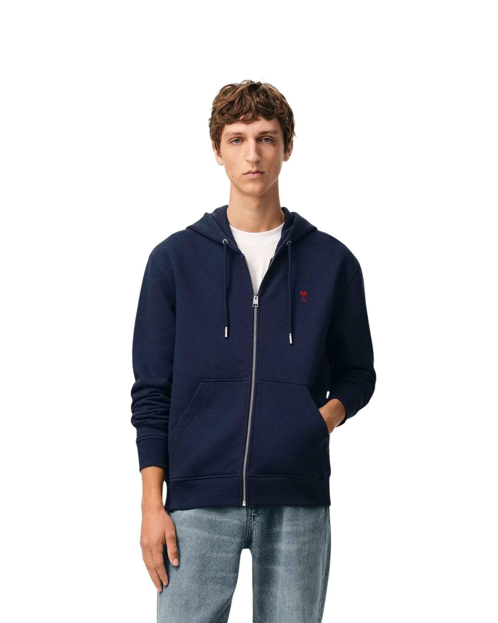 AMI PARIS BLUE COTTON RED AMI DE COEUR ZIP UP HOODIE