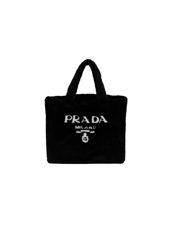 Prada Shearling Tote Bag Intarsia Logo Black/White