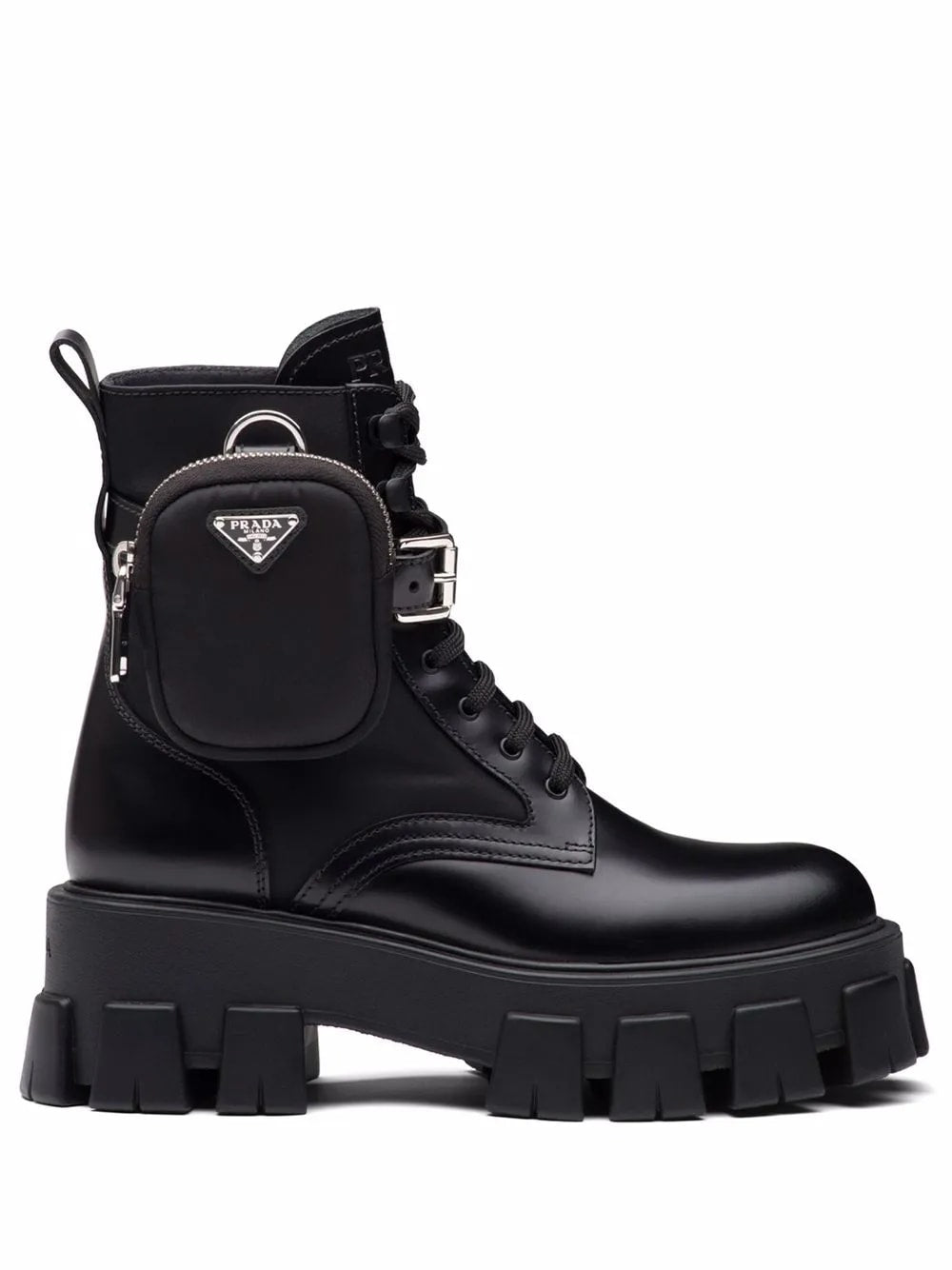 PRADA MONOLITH LEATHER RE-NYLON BOOTS WITH POUCH